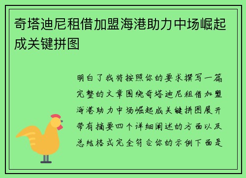 奇塔迪尼租借加盟海港助力中场崛起成关键拼图 奇塔迪尼租借加盟海港助力中场崛起成关键拼图