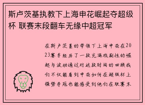 斯卢茨基执教下上海申花崛起夺超级杯 联赛末段翻车无缘中超冠军